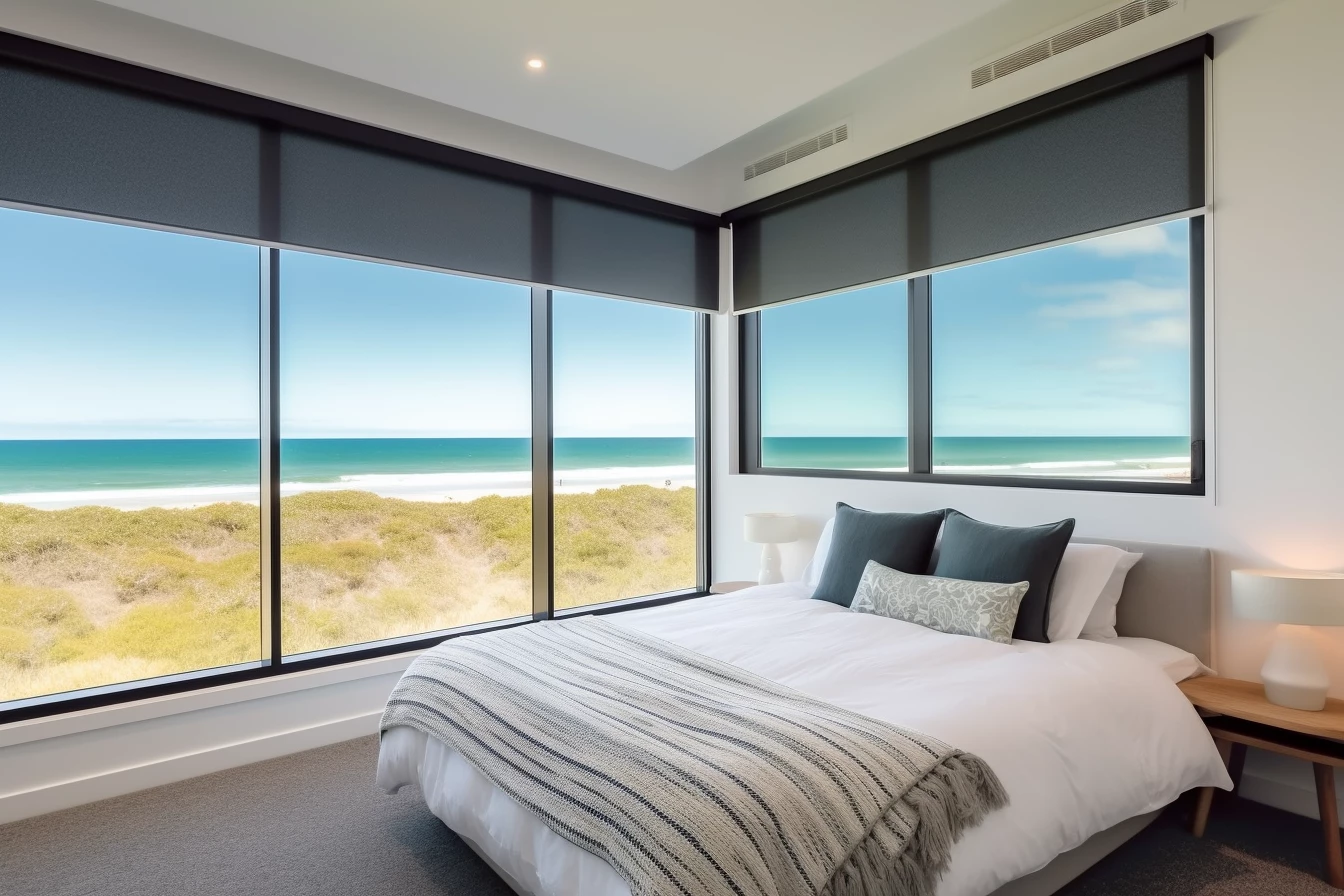 andreweaus roller blinds in a bedroom with sliding windows over | Stan Bond Adelaide