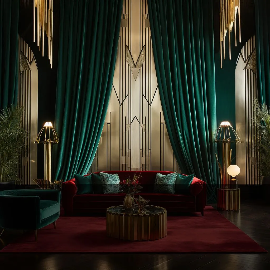 stunning room with high ceilings and art deco style curtains