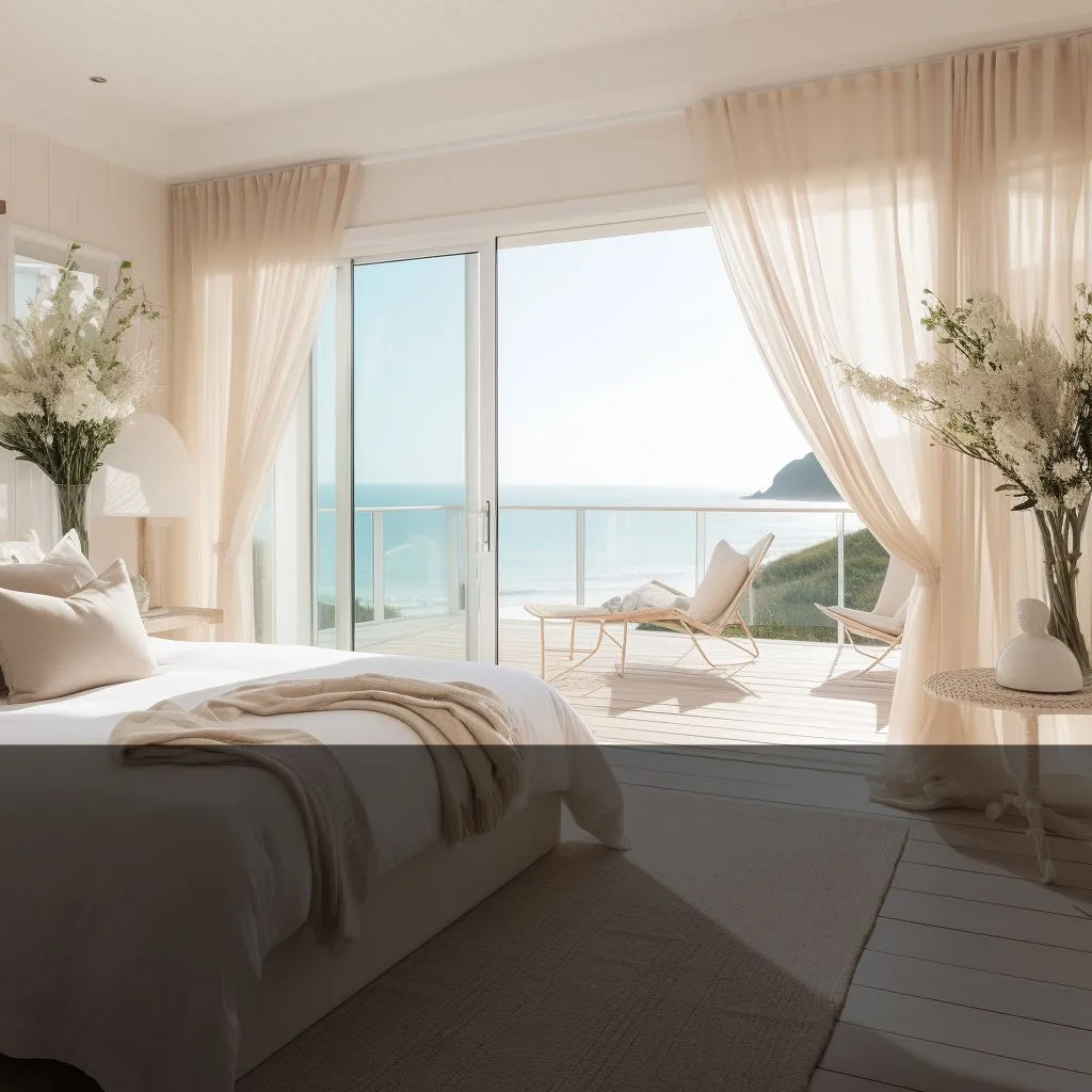 a bedroom with a view of the ocean soft sheer curtains