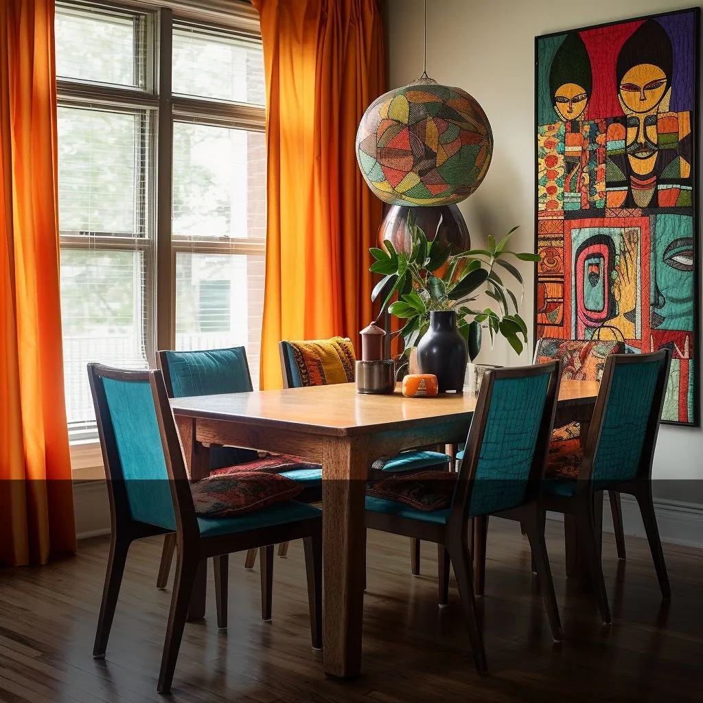 a dining table with chairs in a room with orange curtains