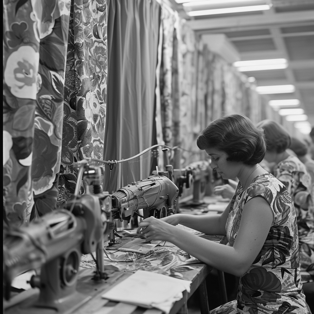 picture of old curtain workroom manufacturing BW | Stan Bond Adelaide